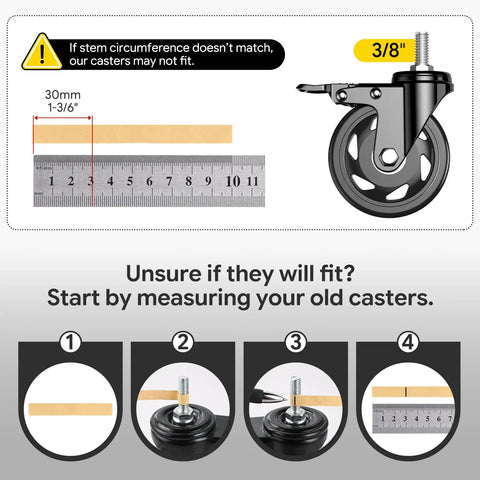 Top Shelf Heavy Duty Swivel Caster Wheel Set Of Four With Three Inch Polyethylene Tires And Three Eighths Threaded Stem Brakes measuring guide