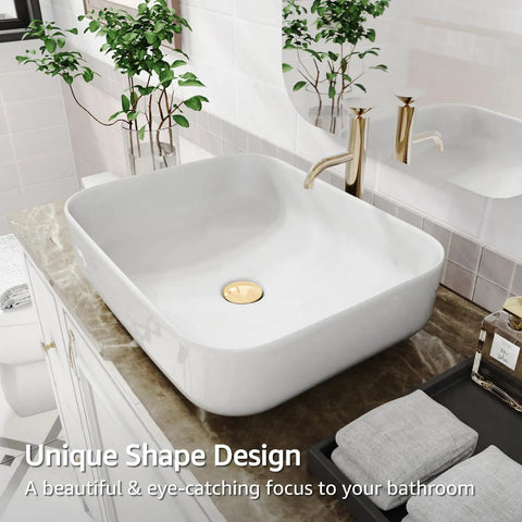 Rectangular Bathroom Vessel Sink, Above Counter Top Mount, Porcelain Ceramic, Glossy White, 19.7 x 15.2 x 5.4 Inches, Thick Glaze Finish