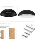 Diagram of Matte Black Cup Pulls Set of 10 for Cabinets and Drawers Three and Eleven Sixteenths Inch Length with screws and dimensions.