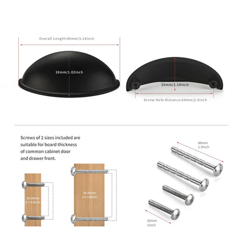 Diagram of Matte Black Cup Pulls Set of 10 for Cabinets and Drawers Three and Eleven Sixteenths Inch Length with screws and dimensions.