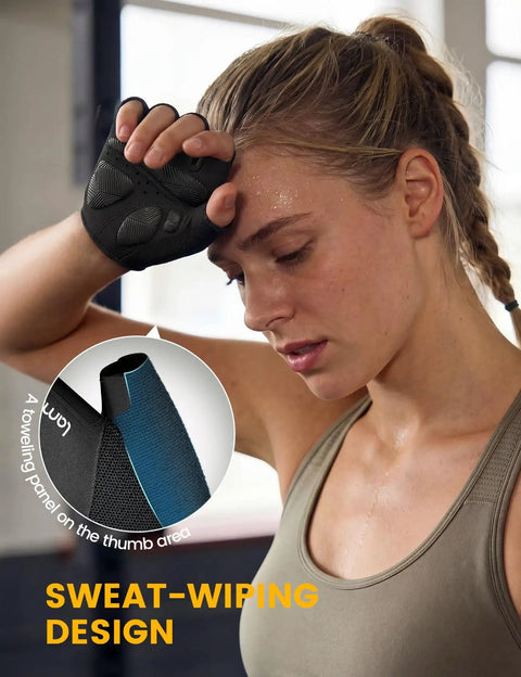 Woman using sweat-wiping feature on Dope Bike Gloves For Men And Women With Anti Slip Shock Absorbing Pad Breathable Lycra Mesh Back For Cycling