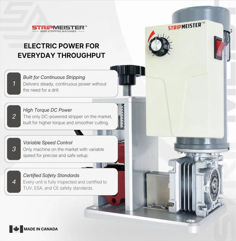 E500 Pro Electric Automatic Wire Stripping Machine with metal housing and Ultra Grip Feeders, highlighting high torque DC motor.