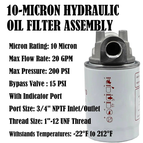 10 Micron Hydraulic Oil Filter Assembly For Petroleum Fluids, Three Quarter Inch Ports, 15 PSI To 200 PSI, 20 GPM Flow