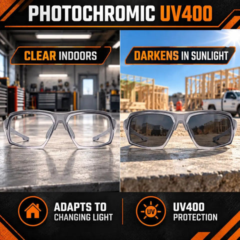 Smooth Transition Z87 Safety Glasses With Hella Clear Photochromic Lenses Anti Fog UV400 Blue Light Blocking For Driving And Work Top Shelf Eye Protection In Slick Gray displayed indoors and outdoors showing lens tint changes.