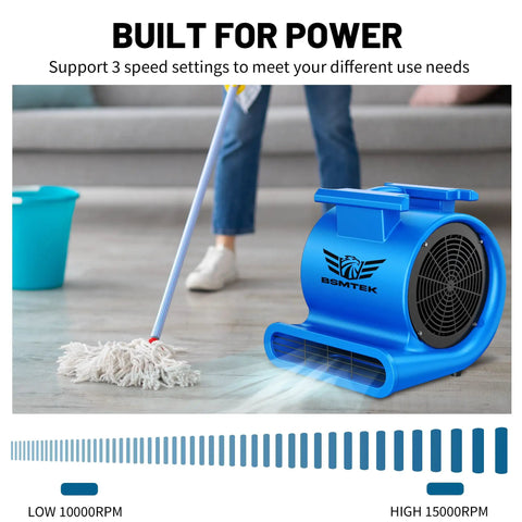 Industrial Air Mover Blower Fan One Point Five HP High CFM Ten Thousand For Quick Carpet Drying with mop and faint blue light