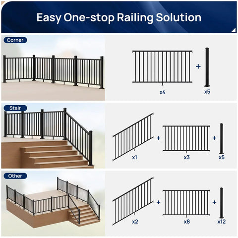 4 Pack Aluminum Adjustable Railing Bracket Connectors With Drill Bit For Outdoor Decks Porches And Balconies Built Tough Black Textured AAMA 2604 Powder Coat Finish Modular Rail System displayed with corner, stair, and other configurations