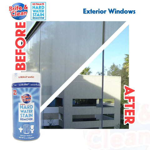 Before and after of exterior windows cleaned with Ultimate Hard Water Stain Remover For Glass And Shower Doors That Actually Works.
