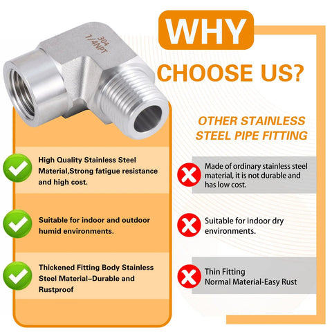 Stainless steel 90-degree pipe elbow, 1/4 in NPT male x 1/4 in NPT female, 2-pack, Amazon brand.