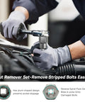Mechanic using Bolt Extractor Kit And Screw Extractor Set With 40 Left Hand Heavy Duty Cobalt Drill Bits on a rusted bolt.