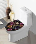 Elongated Resin Toilet Seat for Bathroom with floral skull design, fitting on a standard toilet bowl.