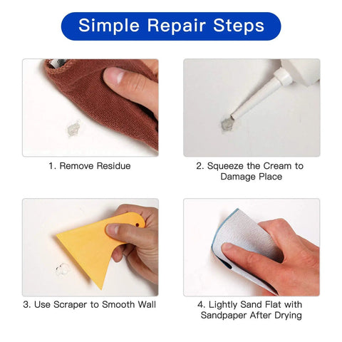 Four-step process using 2 Pack White Spackle Wall Repair Paste Kit With Scraper And Nozzle Extenders for drywall holes repair.