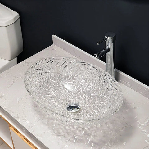 Super Slick Translucent Tempered Glass Countertop Basin With Pop Up Drain For Modern Bathroom Vanity Refresh And Bar Sink Upgrade Featuring Zero Hassle Install And Top Tier Construction That Is A Real Deal Steal on a countertop with modern faucet.