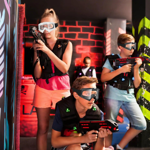 Children wearing Protective Goggles 2 Pack Safety Eyewear For Nerf Battles And Game Play Dirt Bike And ATV Riding Motorcycle Use Lab
