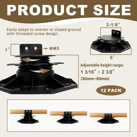Adjustable Deck Support Pedestal Kit With Leveling Blocks And Screws, Height Ranges From One And One Sixteenth To Two And Three Eighths Inches, Weatherproof Plastic Deck Base, Includes 24 Screws, Tape And Screwdriver For Quick Joists And Flooring shown with product size details