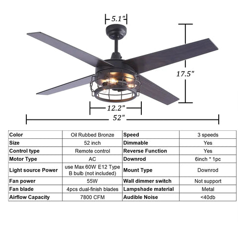 Dope Industrial Rustic 52 Inch Ceiling Fan With Light And Remote, caged farmhouse style, dimensions chart and features