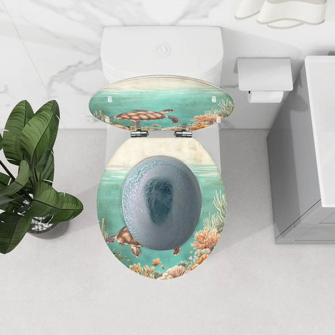Round Resin Toilet Seat for Bathroom featuring ocean turtle design, 14.5 x 16.5 inches, perfect for bathroom decor.