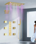 24 X 32 LED Dual Head Ceiling Mount Shower System With Thermostatic Valve featuring rainfall panel and gold hand shower.