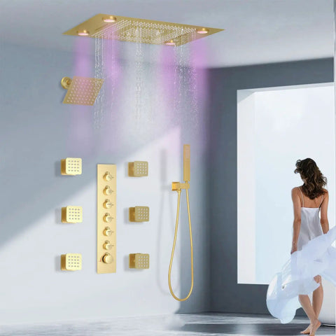 24 X 32 LED Dual Head Ceiling Mount Shower System With Thermostatic Valve featuring rainfall panel and gold hand shower.