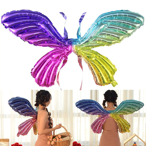 Fairy Wing Balloon Costume Set for Halloween Party and Cosplay displayed as colorful back-attached butterfly wings on a person.