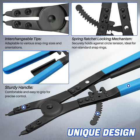 Heavy Duty 16 Inch Snap Ring Plier Set With Internal And External Circlip Pliers Straight And Angled Jaws Includes Four Quick Change Tips Two 45 Degree And Two 90 Degree For Easy Install And Removal Of Snap Rings with unique design and blue handles.