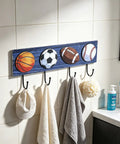 Hang Your Game Day Gear On This Slick Sturdy Four Hook Wooden Wall Rack Built For Displaying Baseball Basketball Football Jerseys And Athletic Room Storage, featuring sports ball designs.