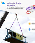 Beefy Heavy Duty Lifting Slings With Hooks Two Leg Rigging Strap Three Point Three Feet Per Leg 4409 Pounds Capacity Polyester Bridle Sling For Engines Cranes Hoists Trucks Purple Great For Rigging And Lifting Heavy Loads in use with crane lifting metal structure.