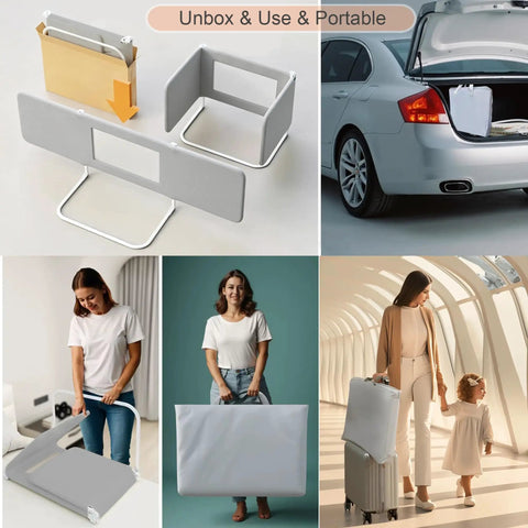 Portable Baby Bed Rail for Toddlers Foldable Travel Guard with 3 Lock Angles in use, carrying case, and packed car trunk