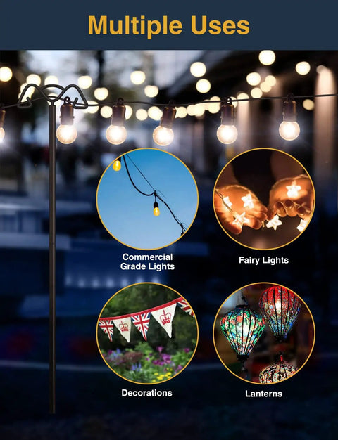 Heavy Duty Outdoor String Light Poles 9 Foot Metal Poles With 7 Prong Base And Two Hooks For Backyard Garden Patio Deck Holiday Party 2 Pack Weather Resistant Steel Construction For All Seasons illuminating various lights.