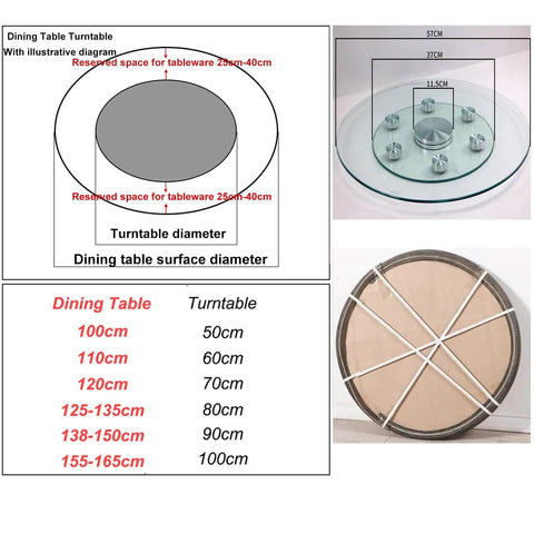 Tempered Glass Lazy Susan Turntable For Dining Table with measurement chart and product in packaging