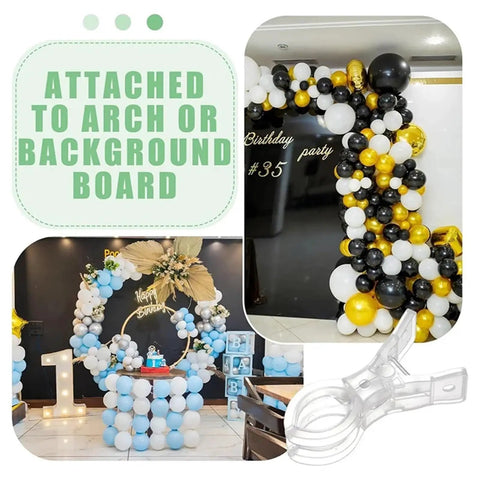 Heavy Duty Balloon Clamps Secure Airtight Seal For Arch Decorations, Prevents Deflation, Holds Tens Of Helium Or Latex Balloons Perfect For Party Backdrops And Events Without Messy Tape Strips. Clear plastic clamp for balloon arch backdrop, pack of 20