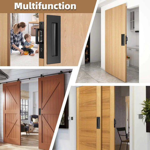 Various uses of the 6 Inch Pocket Door Hardware Set Complete 304 Stainless Steel Kit with Pop Out Ring Handle in home settings