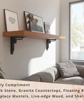 Beefy Heavy Duty Handmade Steel Shelf Brackets 2 Pack With 500 Lb Capacity For Mantels Fireplaces Counters And Decorative Shelves In Wrought Iron Black 10x10x2 Inches holding wood shelf above couch