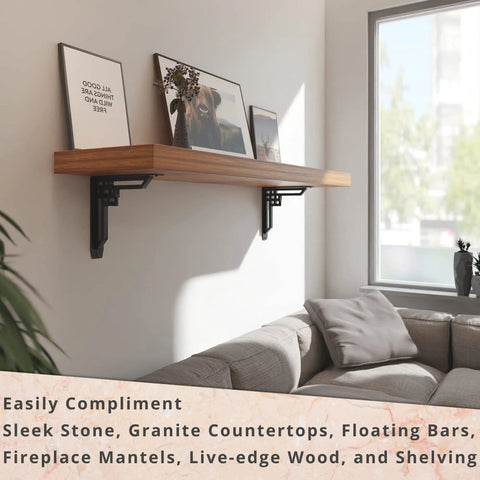 Beefy Heavy Duty Handmade Steel Shelf Brackets 2 Pack With 500 Lb Capacity For Mantels Fireplaces Counters And Decorative Shelves In Wrought Iron Black 10x10x2 Inches holding wood shelf above couch