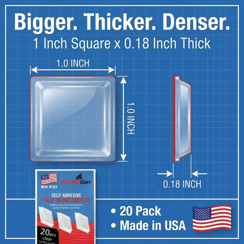 Diagram of Self Adhesive 1 Inch Square Rubber Bumpers Pack Of 20 for cutting boards and furniture.