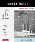Faucet and bath hardware from Trinsic Collection by Delta, featuring polished chrome finish and modern design in a bathroom setting.