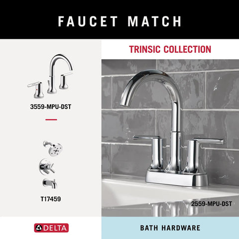 Faucet and bath hardware from Trinsic Collection by Delta, featuring polished chrome finish and modern design in a bathroom setting.