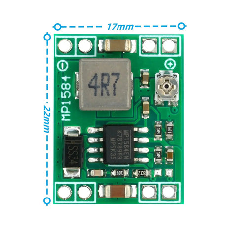 Top view of one module from Six Pack MP1584EN Buck Converter Modules Kit For DIY Electronics, 22x17mm size, visible components