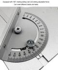 Heavy Duty Aluminum Router Table Insert Plate With T Slot Mounting Holes For Seesaw Woodworking Machines showing 180° rotating sliding ruler.