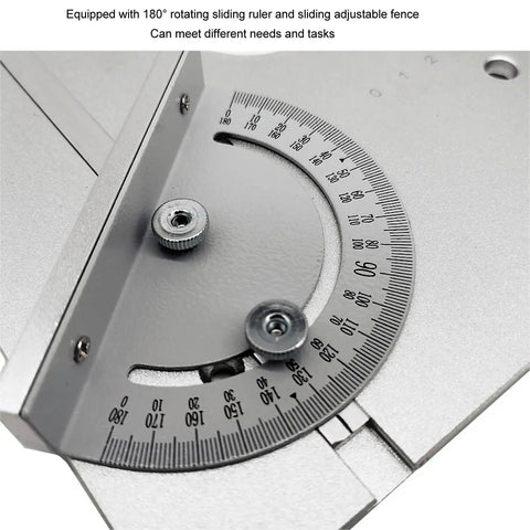 Heavy Duty Aluminum Router Table Insert Plate With T Slot Mounting Holes For Seesaw Woodworking Machines showing 180° rotating sliding ruler.