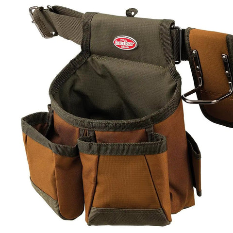 Two Bag Brown Tool Belt With Reinforced Pouch Bottoms, Barrel-Style Pouches, Infinity Belt Fits Up To 52 Inch Waist, Dual Hammer Loops