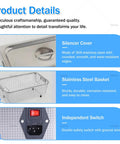 Top Shelf 10L Ultrasonic Cleaner With Built In Heater And Digital Timer detailed view of stainless steel silencer cover, basket, and independent switch.