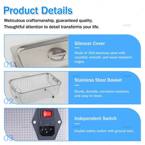 Top Shelf 10L Ultrasonic Cleaner With Built In Heater And Digital Timer detailed view of stainless steel silencer cover, basket, and independent switch.