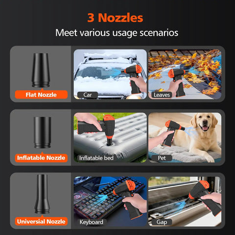 Cordless 110000RPM Air Duster With Four Speed Levels Portable Jet Dry Blower shown with 3 nozzle types for versatile cleaning