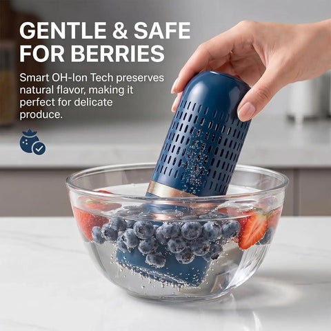 Using Cordless OH Ion Purifier for fruit veggies meat and seafood capsule shape cleaner, washing berries in bowl