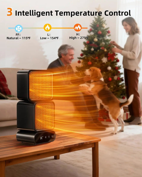 Dual Head Space Heater With Remote For Fast Cozy Heat Portable Indoor Electric Heater With Thermostat 270 Degree Oscillation 12 Hour Timer Five Modes 1400W PTC Ceramic Heating For Office Desk Bedroom And Living Spaces in a living room setting