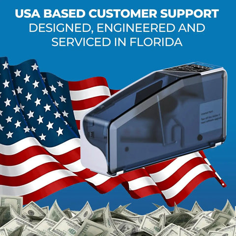 Slick Handheld Money Counter With Ultraviolet And Magnetic Detection For Fast Paced Cash Crunching and Zero Hassle Bill Sorting On The Go Heavy Duty Financial Reader Tool with US flag background and cash.