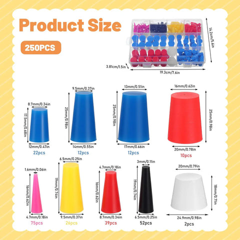250 Piece Silicone Rubber Stoppers Kit In 9 Sizes From Small Plugs To Large Ones Perfect For Powder Coating And Painting Holes Plus Heat Resistant Up To 600 Degrees F Keeps Your Work Clean And Organized With Easy Access Storage Box showing assorted stopper sizes