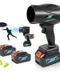 Cordless Leaf Blower 300000 RPM Handheld Power For Patio Cleaning And Lawn Care, showing blower, 21V batteries, earplugs, and usage illustration