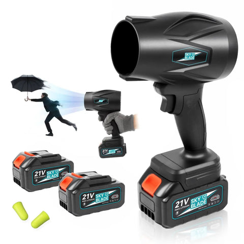 Cordless Leaf Blower 300000 RPM Handheld Power For Patio Cleaning And Lawn Care, showing blower, 21V batteries, earplugs, and usage illustration