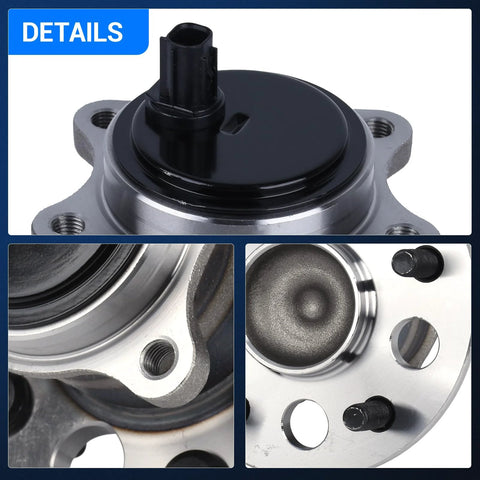 Close-up of Rear Left Wheel Bearing And Hub Assembly For Toyota Camry 2012 To 2017, Avalon 2013 To 2018, Lexus ES350 2016 To 2019, Five Lug With ABS Driver Side Replacement Direct Fit Ride Ready.